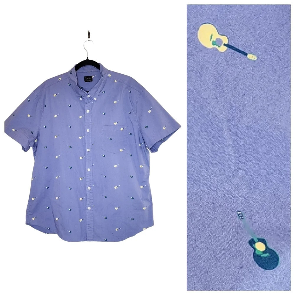 J. Crew Guitar Print Blue Short‎ Sleeve Button Down Shirt Men's Size XXL